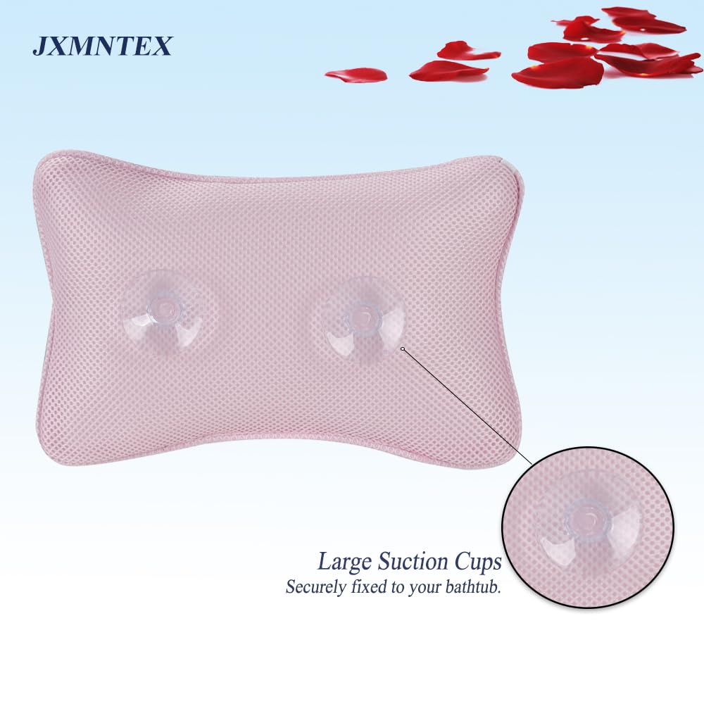 Bath Pillow For Tub, Non Slip With 2 Large Suction Cups, Breathable Soft, Comfortable Head Neck Support, Machine Washable (Pink)