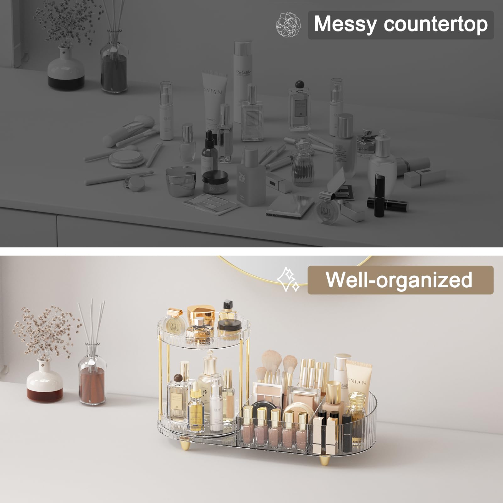 Lulltou Rotating Makeup Organizer Countertop For Vanity, 2-In-1 Cosmetic Organizer And Storage Holder, Large Desk Makeup And Ski