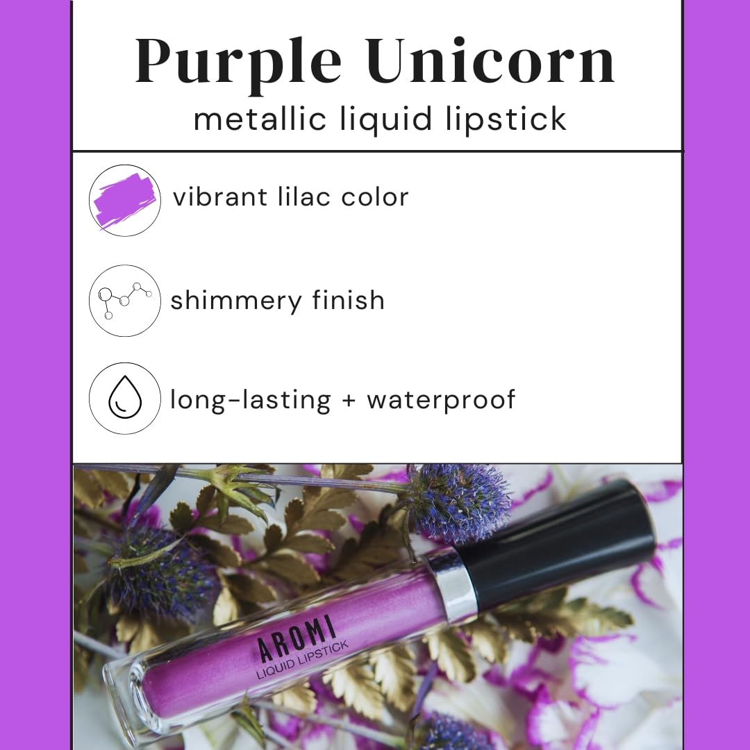 Aromi Purple Lilac Metallic Liquid Lipstick | Bright Lavender Lip Color With Shimmery Finish, Vegan And Cruelty-Free, Long-Lasti