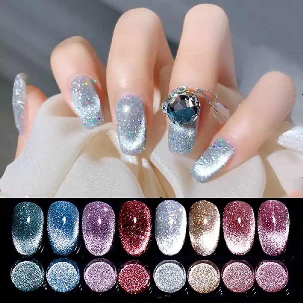 Veronni Reflective Diamond Cat Eye Gel Nail Polish Sparkle Explosion Diamond Gel Nail Bright Silver Glitter Cat Eye Gel Bungee N