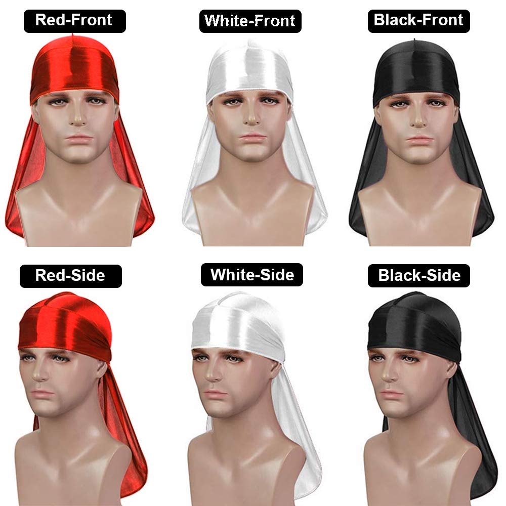 DURALA 3PCS Silky Durag Pack for Men - Satin Doo Rag for Waves - Red, White, Black - Model RWB-C2 - 3 Count