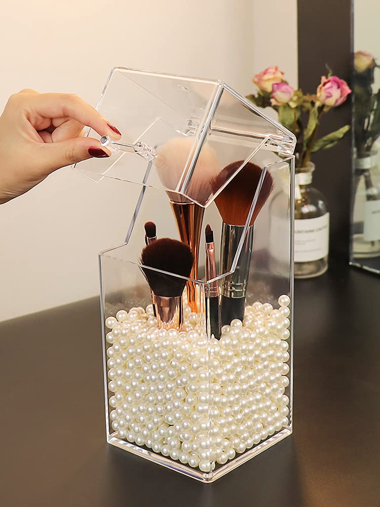 Sooyee Makeup Brush Holder,Makeup Brush Organizer With 8Mm White Pearls,Dustproof Makeup Brush Holder With Lid