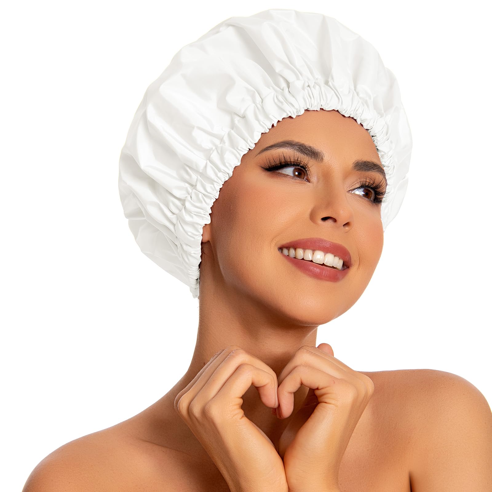 Reusable Shower Cap For Women, Large Waterproof Shower Bonnet Washable Elastic Band Bath Hair Hat For Long Hair, Braids(White)