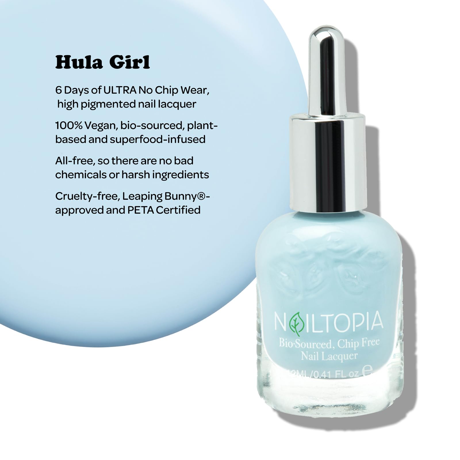 Nailtopia - Plant-Based Chip Free Nail Lacquer - Non Toxic, Bio-Sourced, Long-Lasting, Strengthening Polish - Hula Girl (Sky Blu