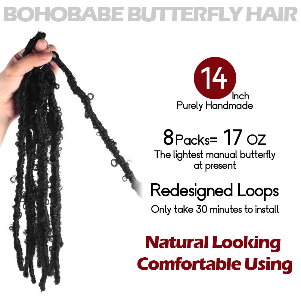 14 Inch Light Weight Butterfly Locs Crochet Hair 8 Packs Butterfly Faux Locs Crochet Hair Short Black Distressed Butterfly Locs,