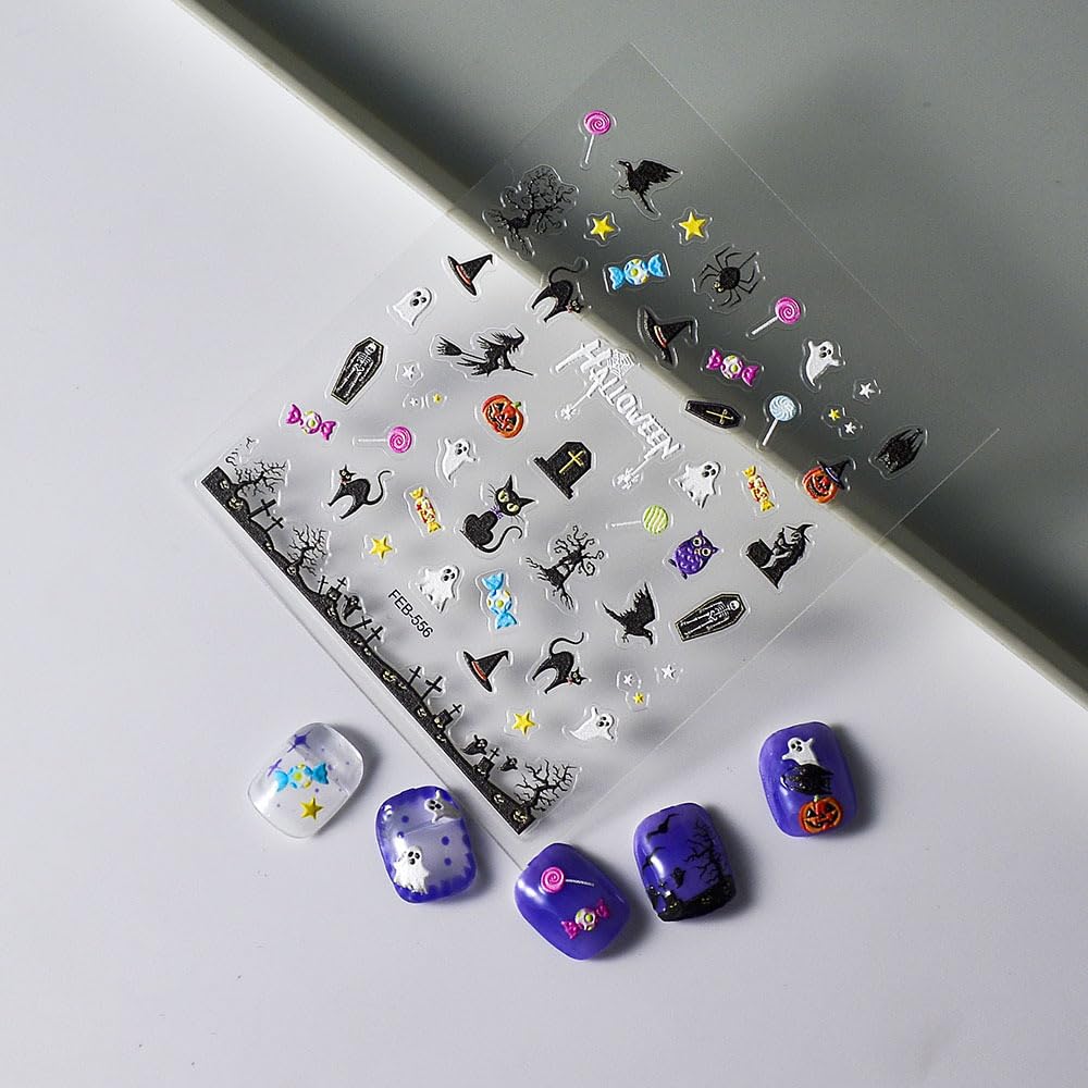 Halloween Nail Art Stickers 5D Embossed Cat Ghost Nail Stickers Witch Monster Candy Pumpkin Spider Star Nail Decals For Women Gi