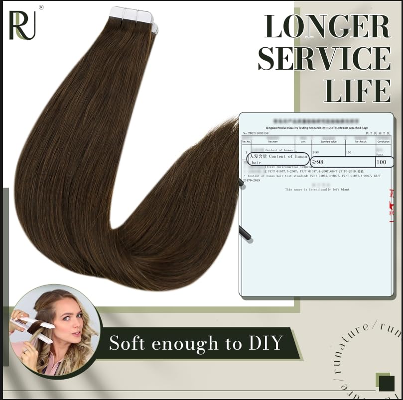 Runature 26 Inch Tape In Hair Extensions Human Hair Straight Tape In Extensions Brown Hair Seamless Skin Weft Pu Tape Ins Human