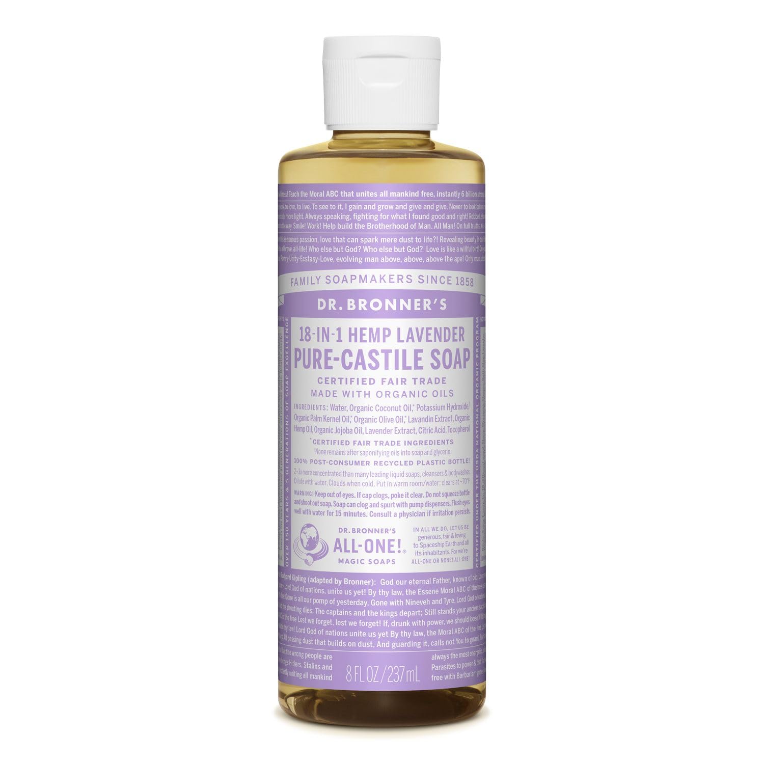 Dr. Bronner'S - Pure-Castile Liquid Soap (Lavender, 8 Ounce) - Made With Organic Oils, 18-In-1 Uses: Face, Body, Hair, Laundry,