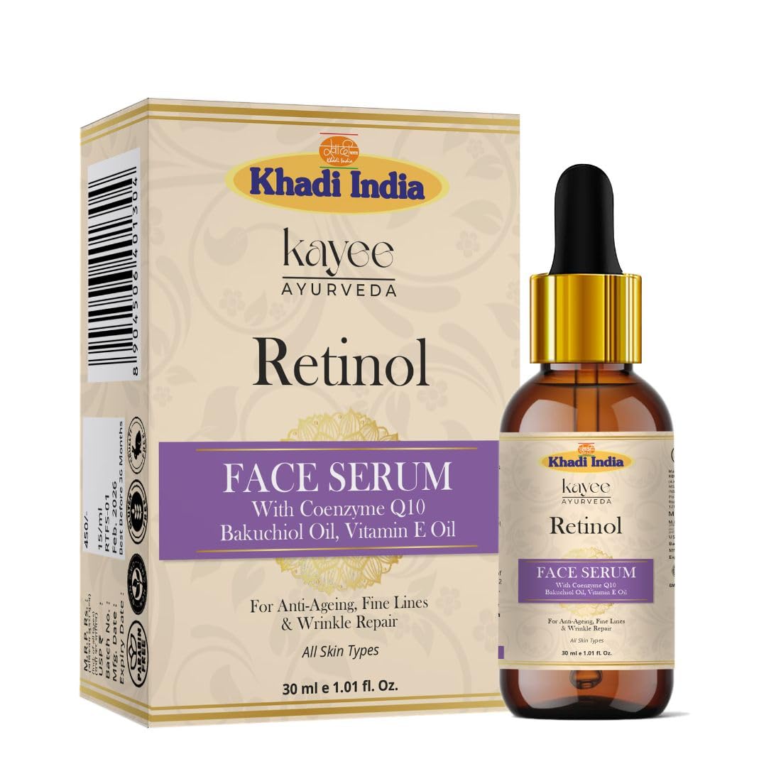 Khadi Kayee Ayurveda Retinol Face Serum For AntiAging With Hyaluronic Acid & Vitamin E | Reduces Wrinkles, Fine Lines & Dark Sp