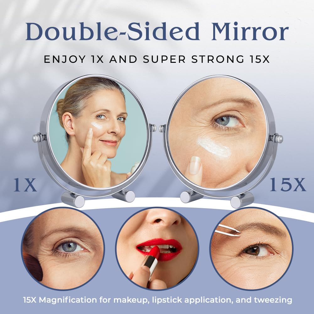 MIRRORVANA Small 15X Magnifying Tabletop Mirror for Makeup - Double Sided 15x and 1x Portable Make Up Mirror for Desk, Dressing