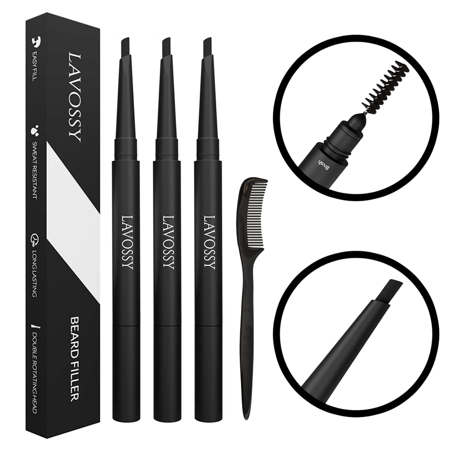 Lavossy Beard Pencil - Light Brown Pack Of 3 - Long Lasting And Easy To Use Pen With Blending Brush For Sleek, Natural, Water/Sw
