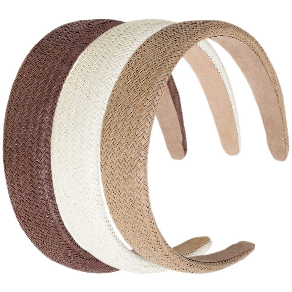 minkissy 3Pcs Straw Headbands Fashion Wide Headbands Rattan Boho Headband Non Slip Braided Raffia Head Bands for Beach Autumn Ha