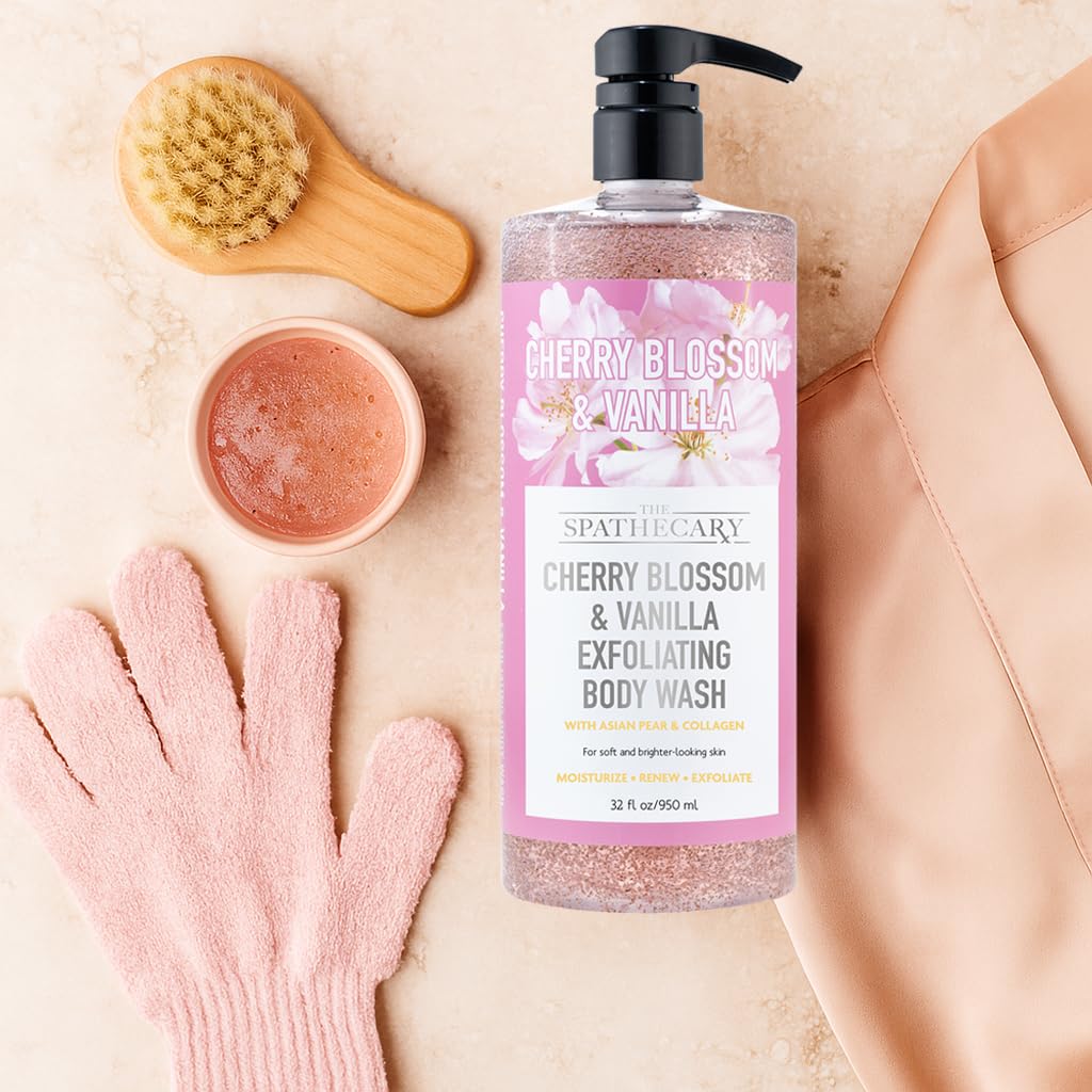 THE SPATHECARY Cherry Blossom & Vanilla Exfoliating Body Wash with Coconut and Asian Pear & Collagen | Moisturize Renew & Exfoli
