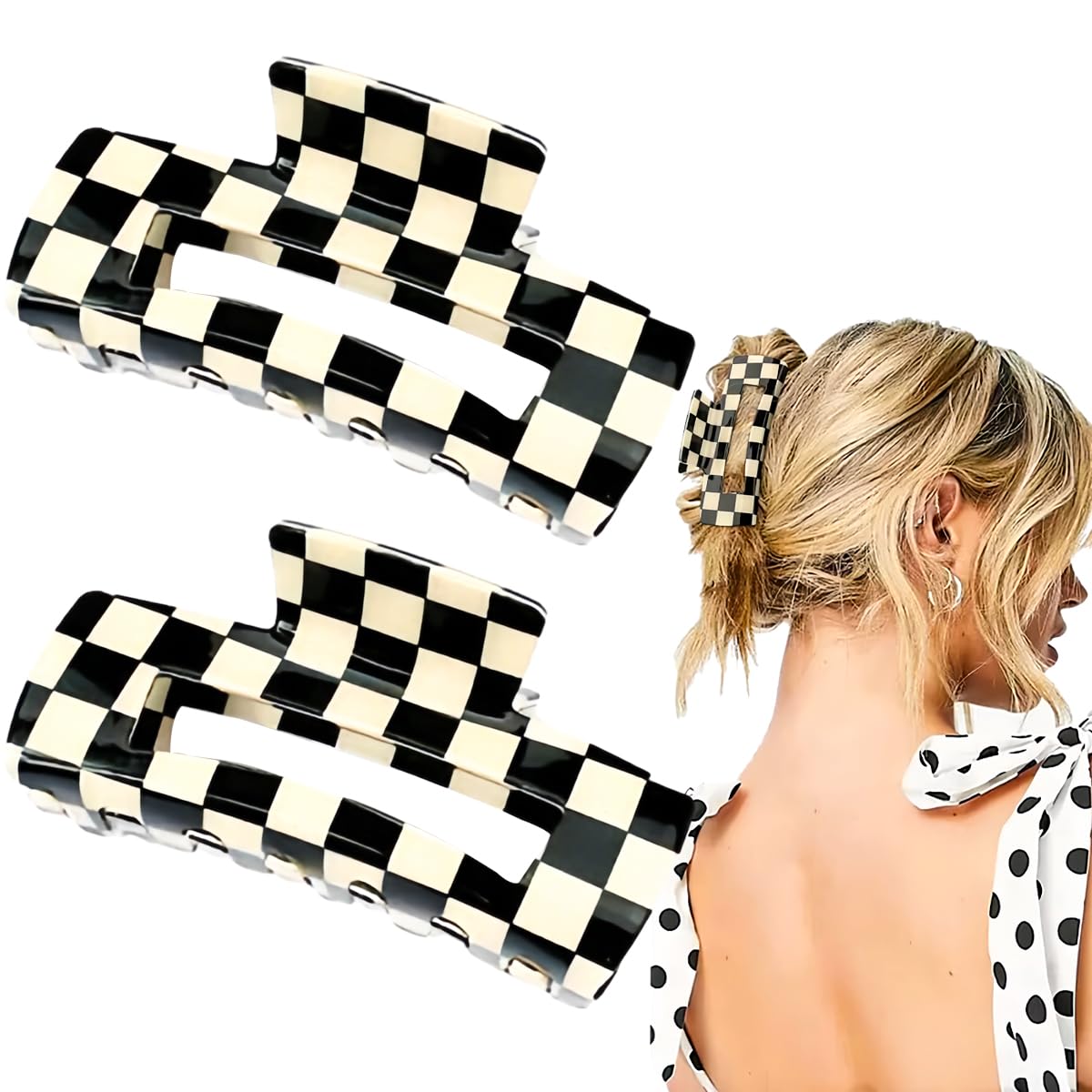 2 PCS Checkered Hair Claw Clips Square Checker Barrettes Cute Non Slip Hair Jaw Clips Strong Hold Rectangle Hair Claw Multicolor