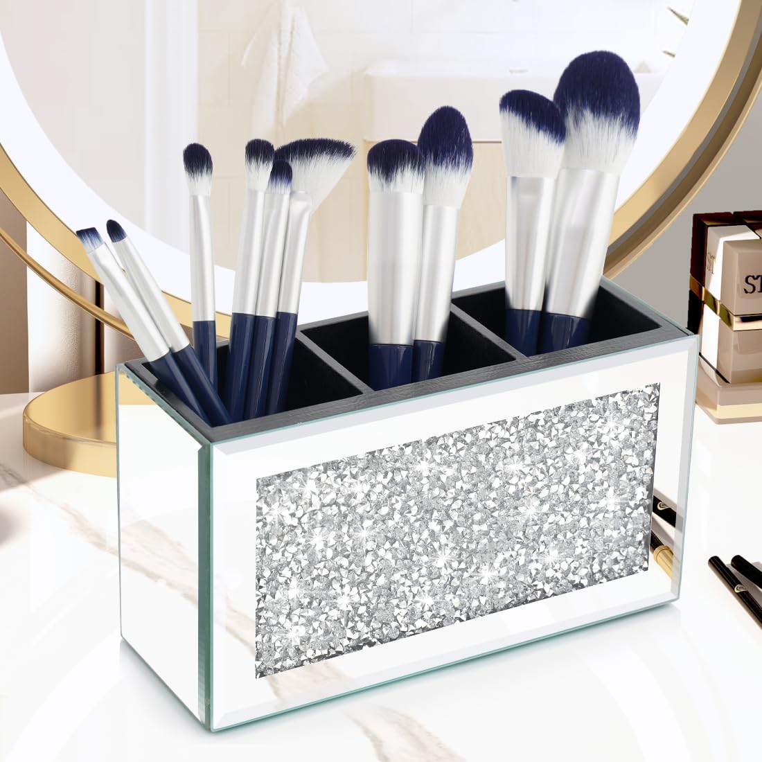 Amezey Crystal Crushed Diamond Silver Makeup Brush Holder Organizer, 3 Slot Mirrored Cosmetics Brushes Storage Case, Cute Pen an