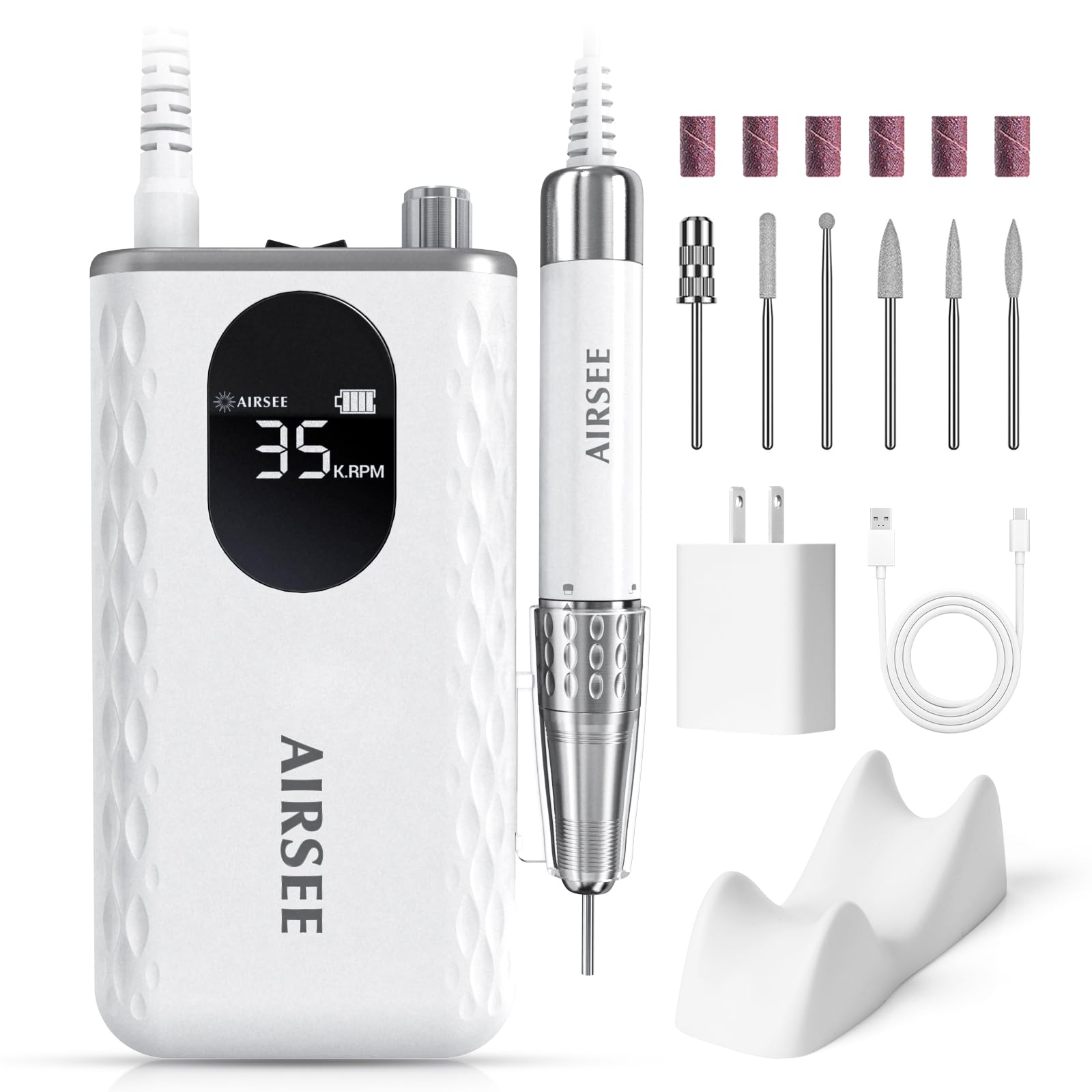AIRSEE Updated Professional Nail Drill,Rechargeable Cordless Efile Machine for Acrylic Extension Gel Dip Powder Powerful Portabl