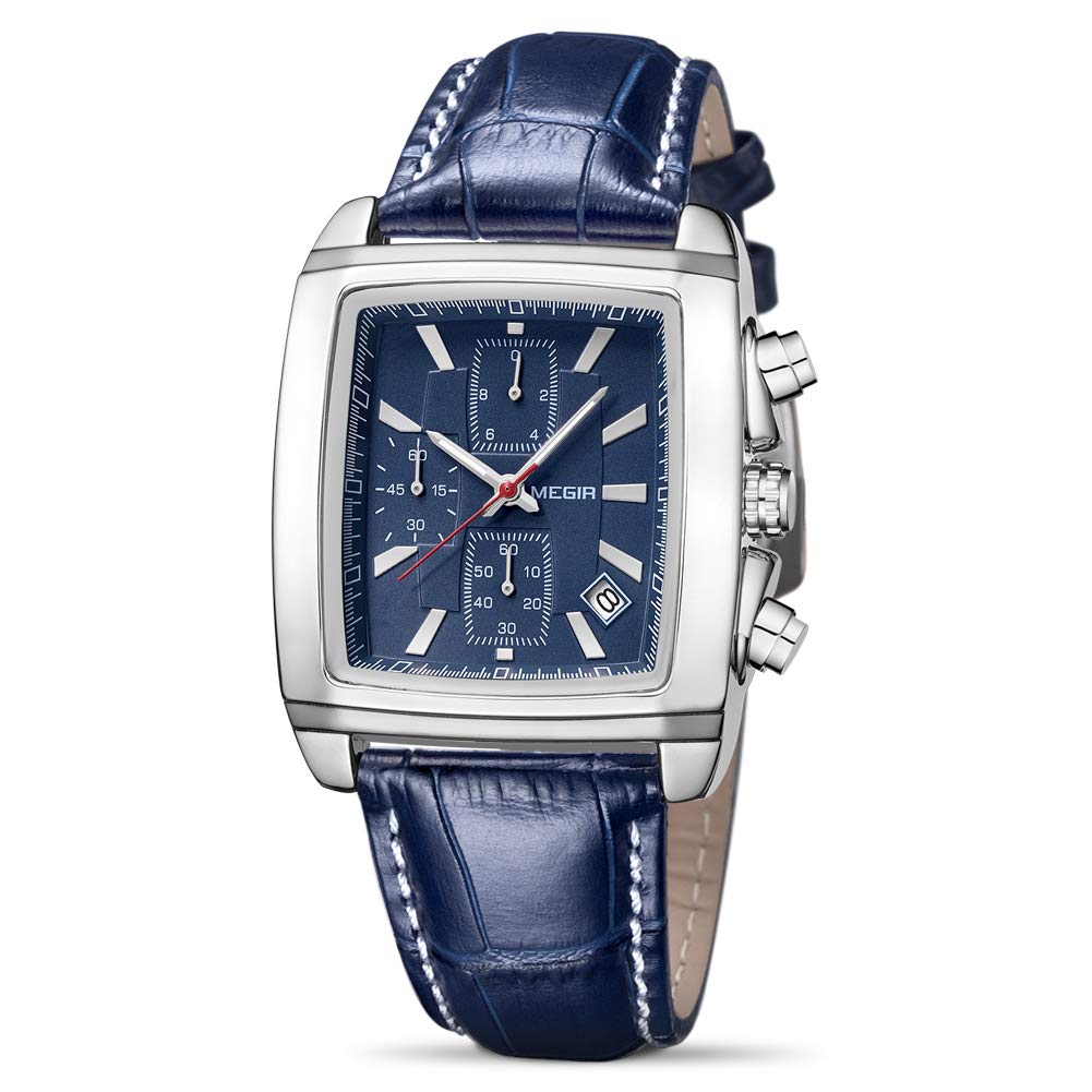 Megir MenS Business Analog Chronograph Luminous Rectangle Quartz Watch With Stylish Leather Strap For Sport & Work