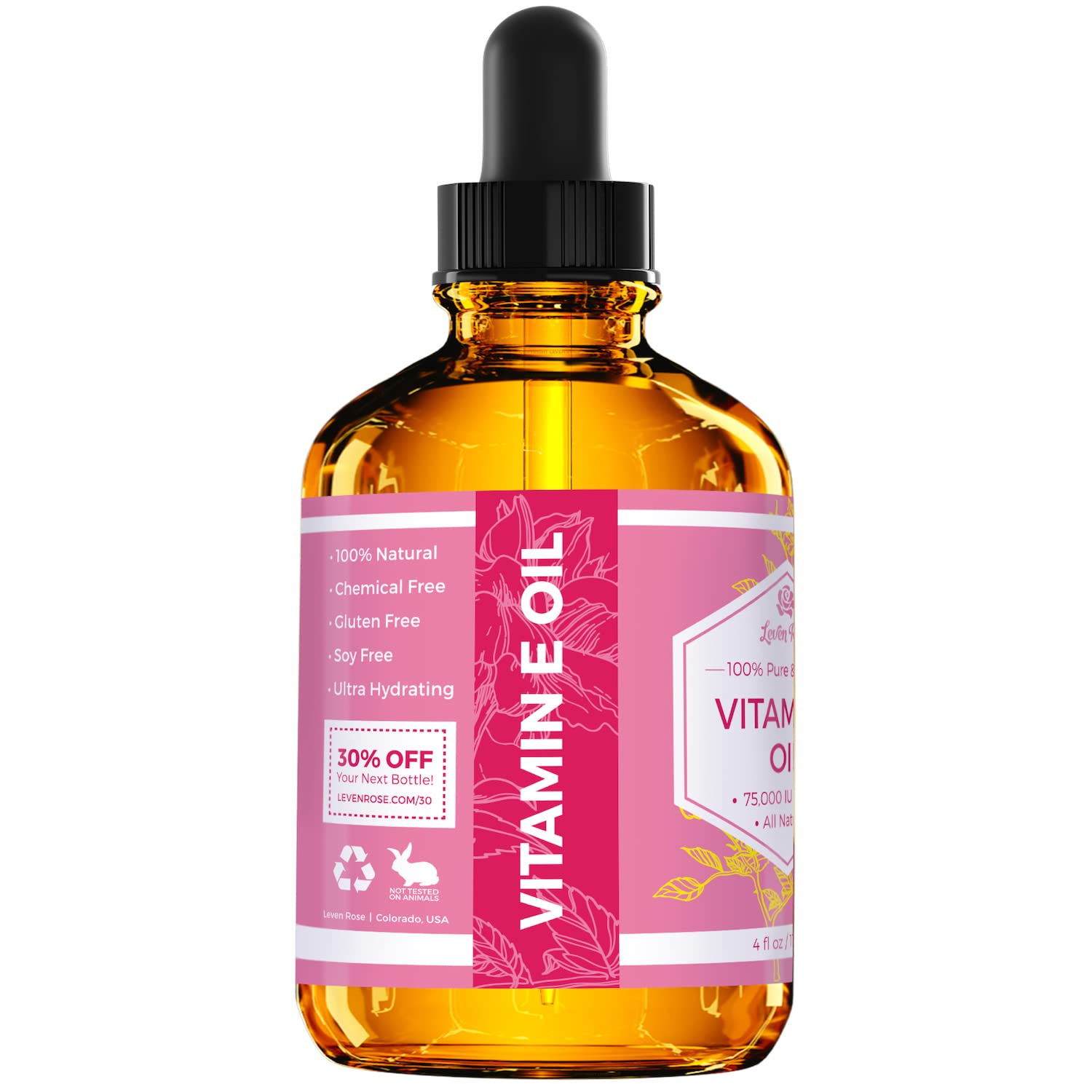 Leven Rose Pure Vitamin E Oil 75,000 Iu Per Oz 100% Natural, Organic For Skin, Face, Hair, Nails, And Scars, 4 Oz