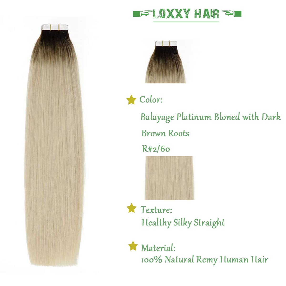 Loxxy Tape In Natural Hair Remy Human Hair Extensions Dip Dyed Balayage #2/60 Darker Brown To Platinum Blond Seamless Pu Skin We