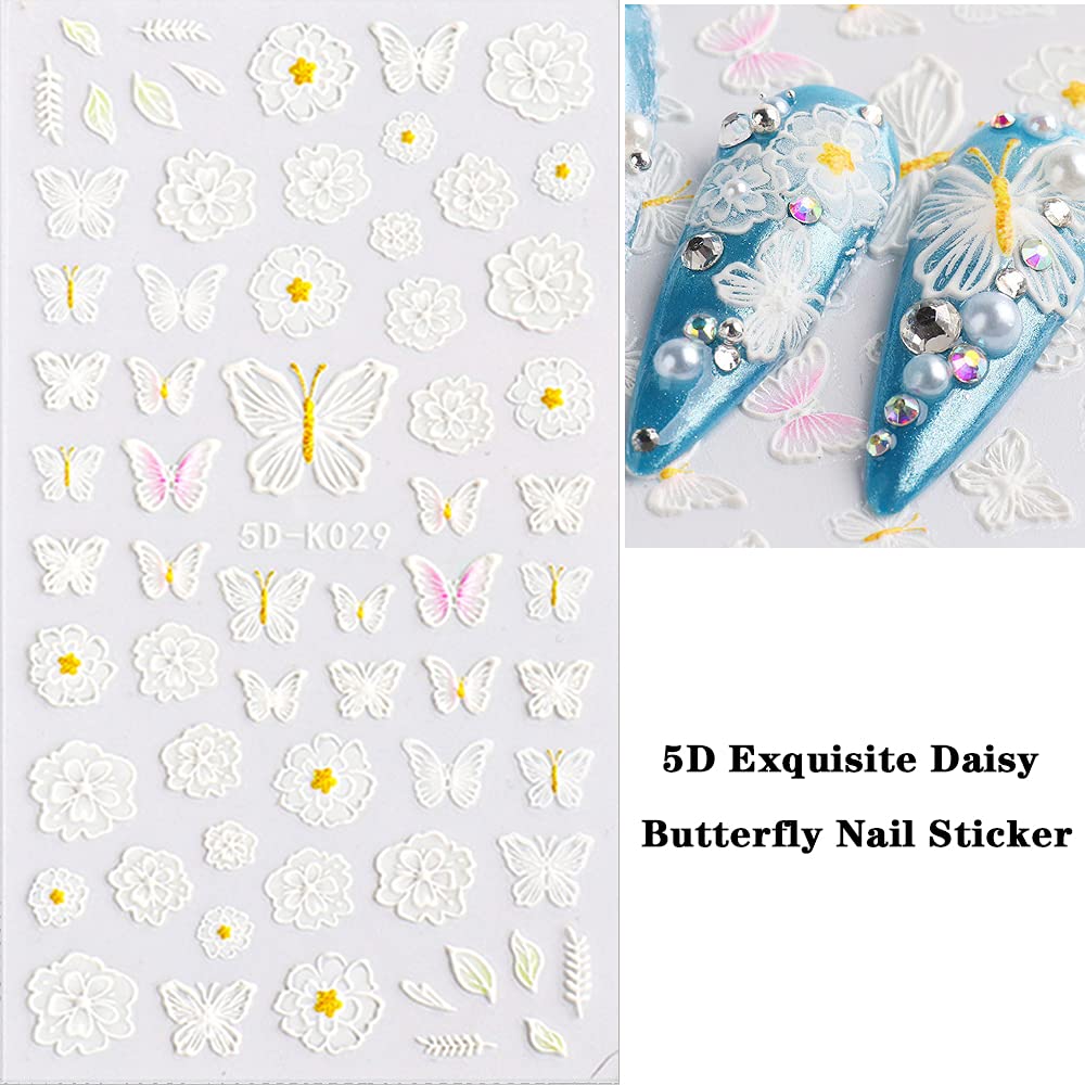 Rose Nail Art Sticker 5D Exquisite Embossed Nail Art Supplies Self-Adhesive Nail Art Decoration Black White Butterfly Wings Rose