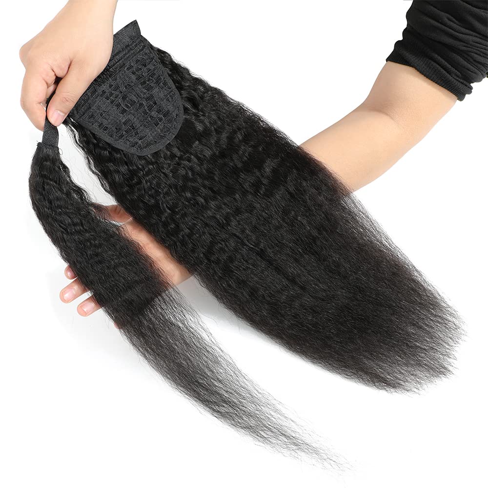 Adette 14 Inch Kinky Straigh Human Hairt Ponytail Natural Black Wrap Around Ponytail Hair Extensions 10A Grade Yaki Straight Pon