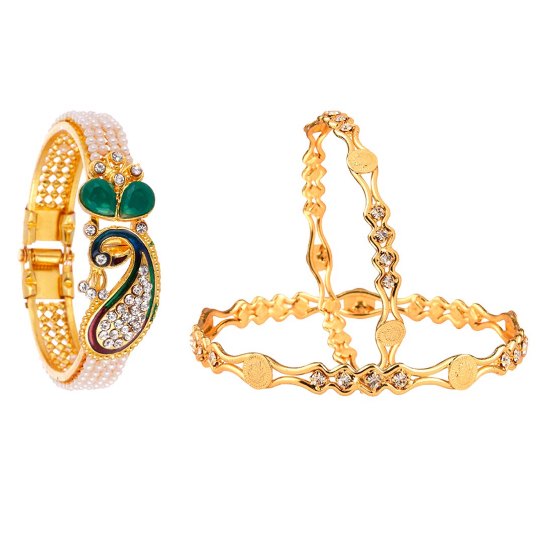 ZENEME Gold Plated Oxidized Peacock Design Bracelet Bangles Set Jewellery For Girls & Women