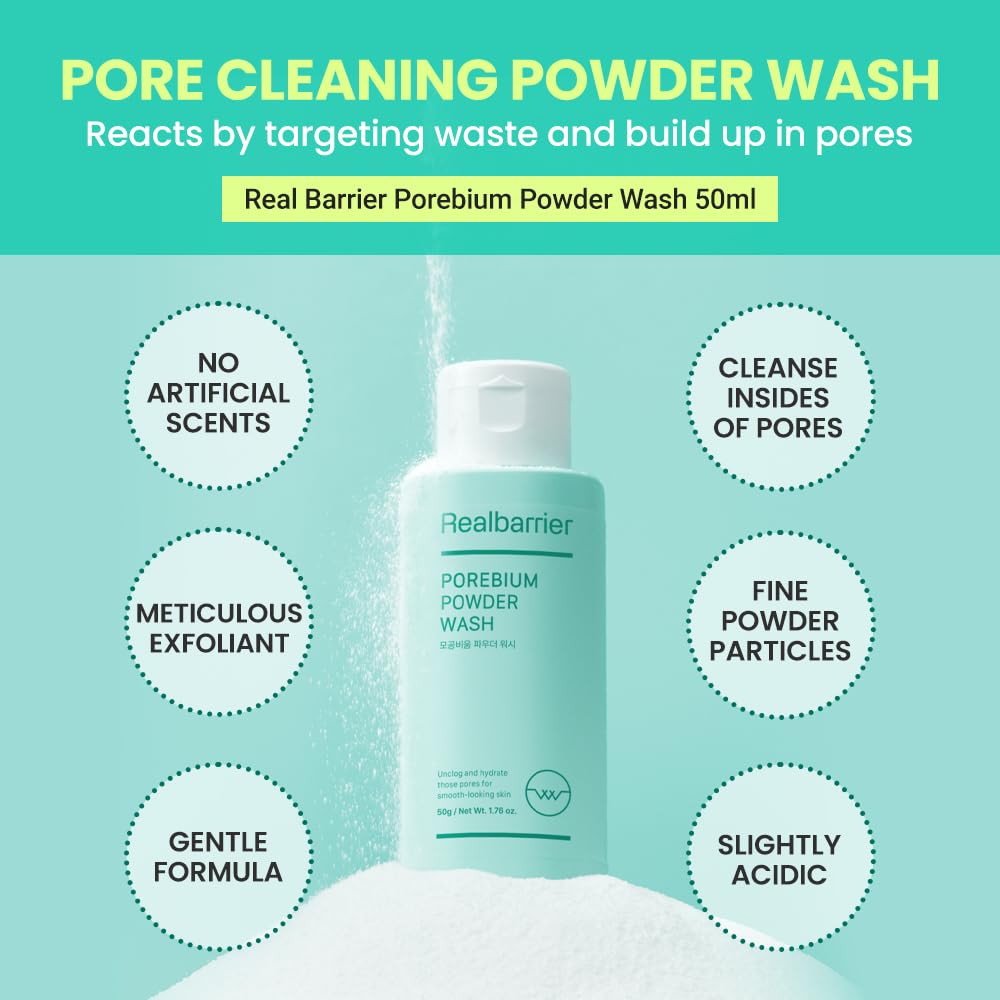 Real Barrier Porebium Powder Wash,50ml,1.76 Fl Oz, Micro-Powder Particles Facial Cleanser, Exfoliator for Sensitive Skin, Impuri