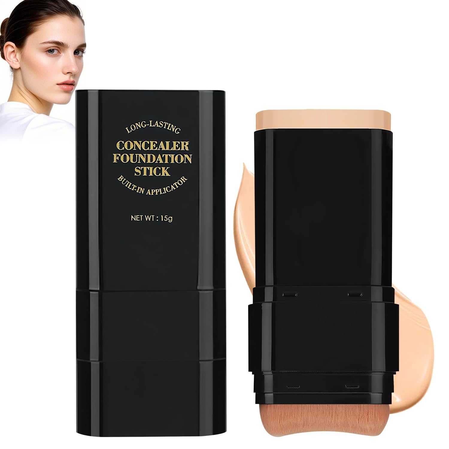 2PCS LongLasting Concealer Foundation Stick, Full Coverage Foundation Stick, 2in1 Contouring foundation with Brush, Cover Ble