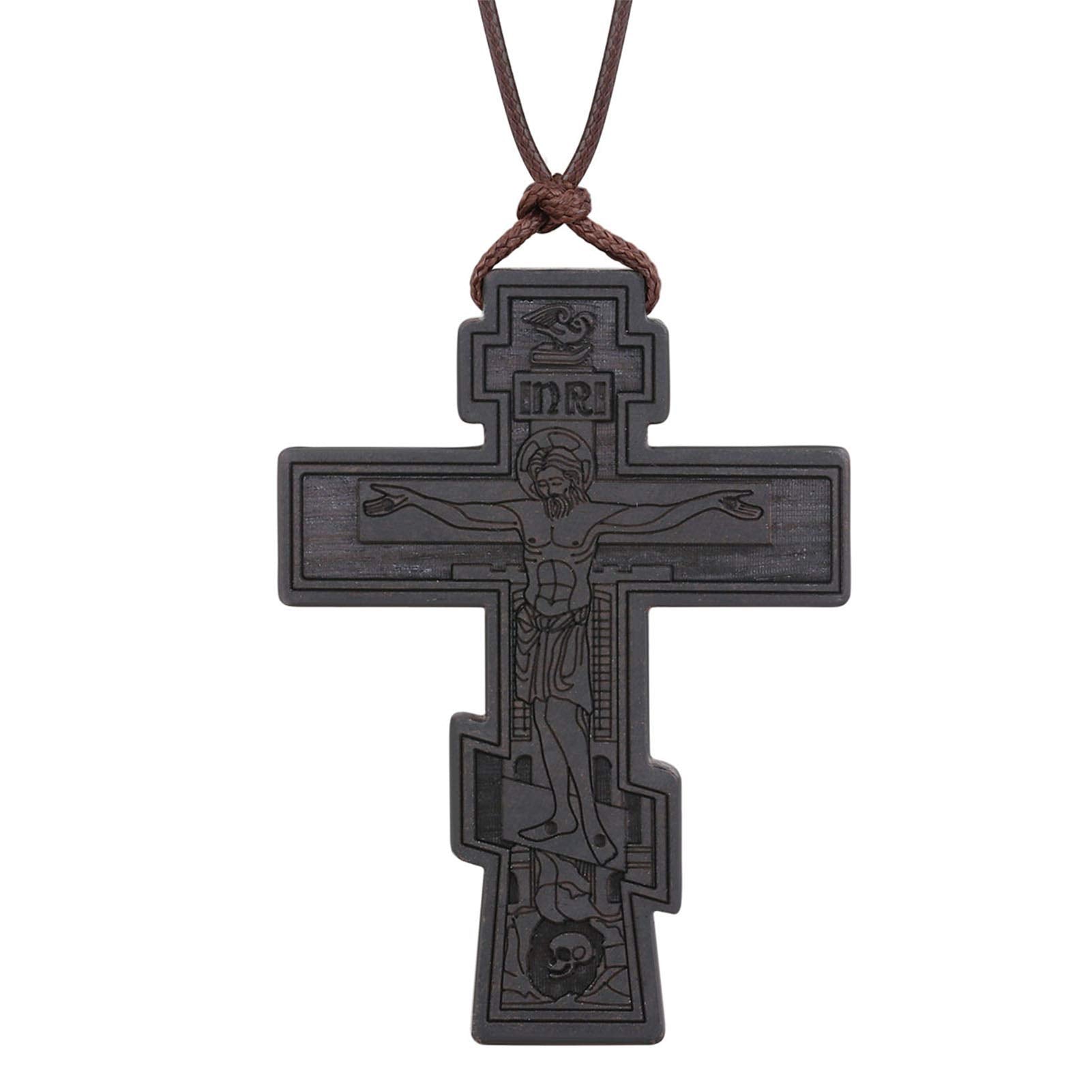 COTTVOTT Wood Orthodox Cross Pendant Necklace Christian Crucifix Necklace Prayer Jesus for Women Men (B-Black Color)