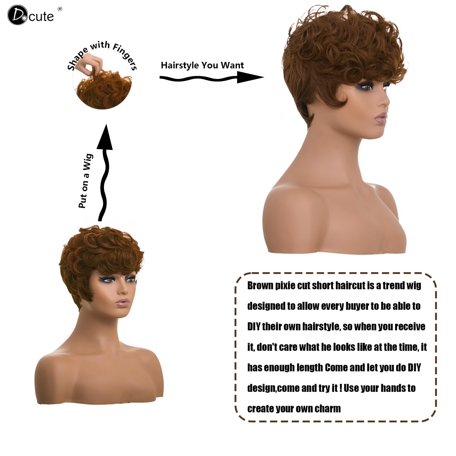 Docute Brown Short Pixie Wigs For Black Women Daily Replacement Wig Brown Pixie Cut Wig With Bangs Short Curly Wigs For Black Wo