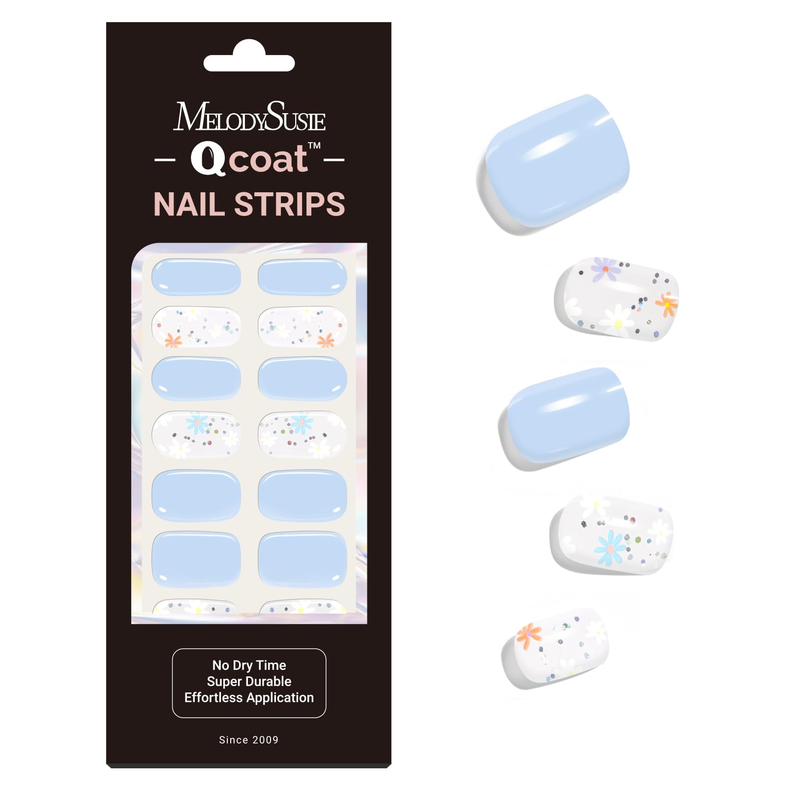 MelodySusie Qcoat Fully Cured Gel Nail Strips (Light Blue Flowers) - UV Free Nail Polish Strips, Salon-Quality, Long Lasting Gel