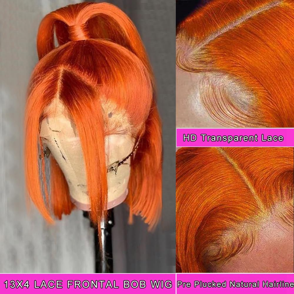Guebb Glueless # 350 Ginger Orange 13X4 Hd Transparent Lace Front Bob Wig Human Hair Pre Plucked Lace Frontal Short Blunt Cut Bo