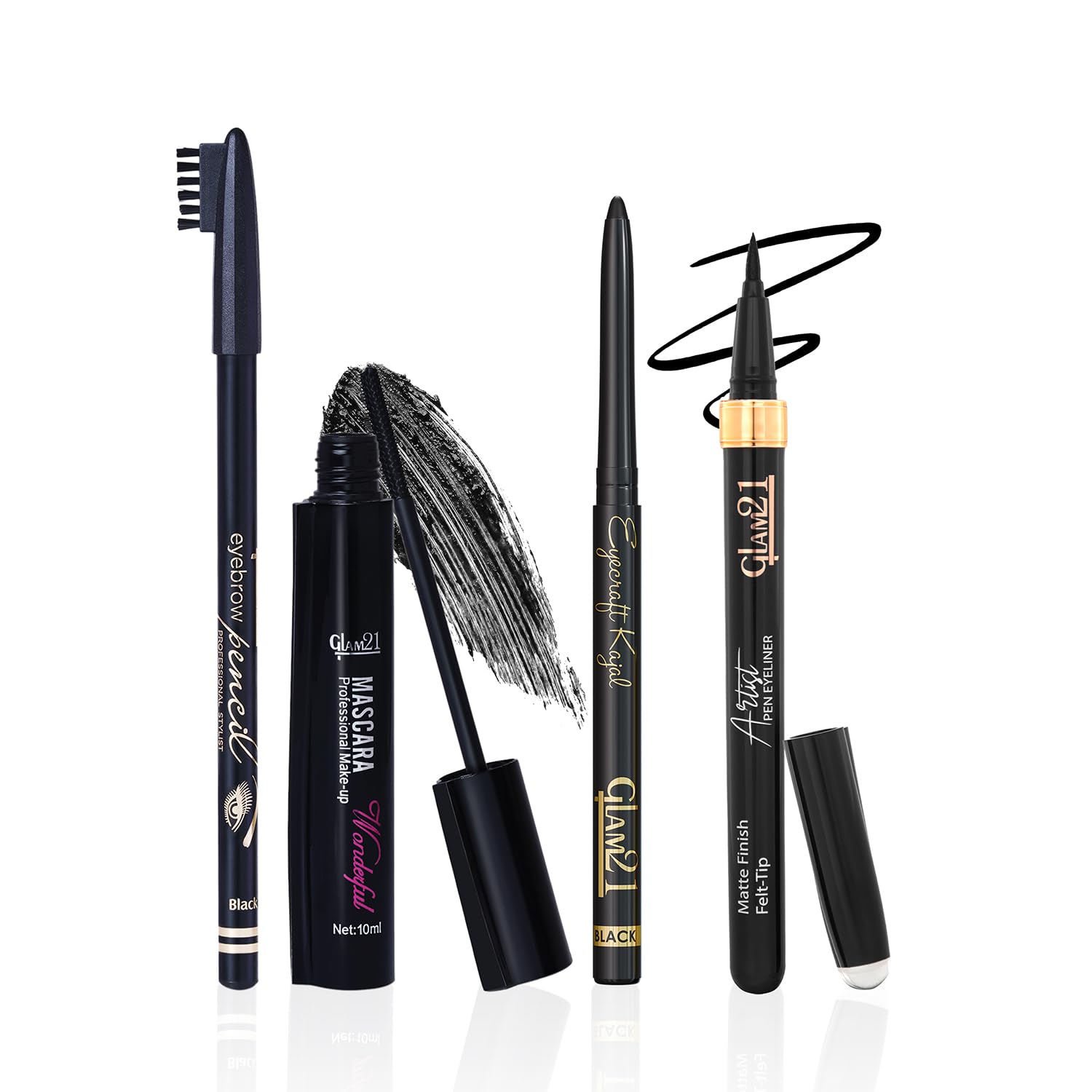 Glam21 Eye Makeup Combo Kit | Eyebrow Pencil With Spoolie, Kajal, Pen Eyeliner & Volumizing Mascara | SmudgeProof, Waterproof, 
