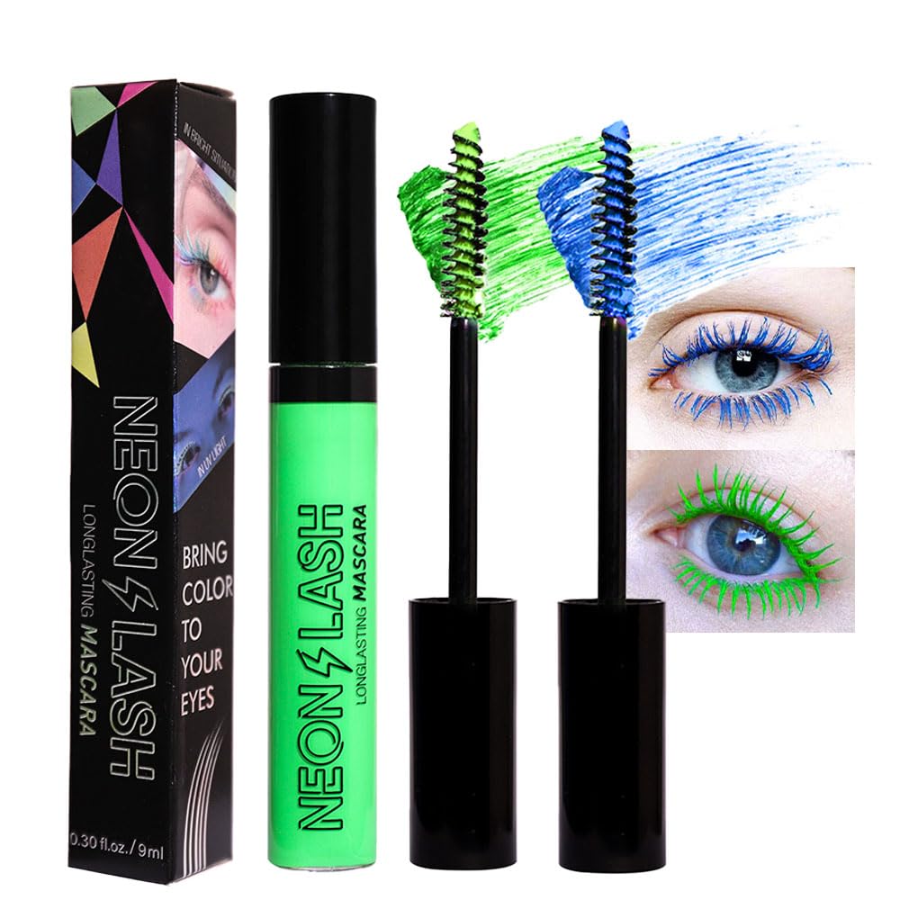 2 Colored Mascara For Eyelashes Set,Blue Green Halloween Fluorescent Colorful Waterproof Long Lasting Charming Voluminous Mascar