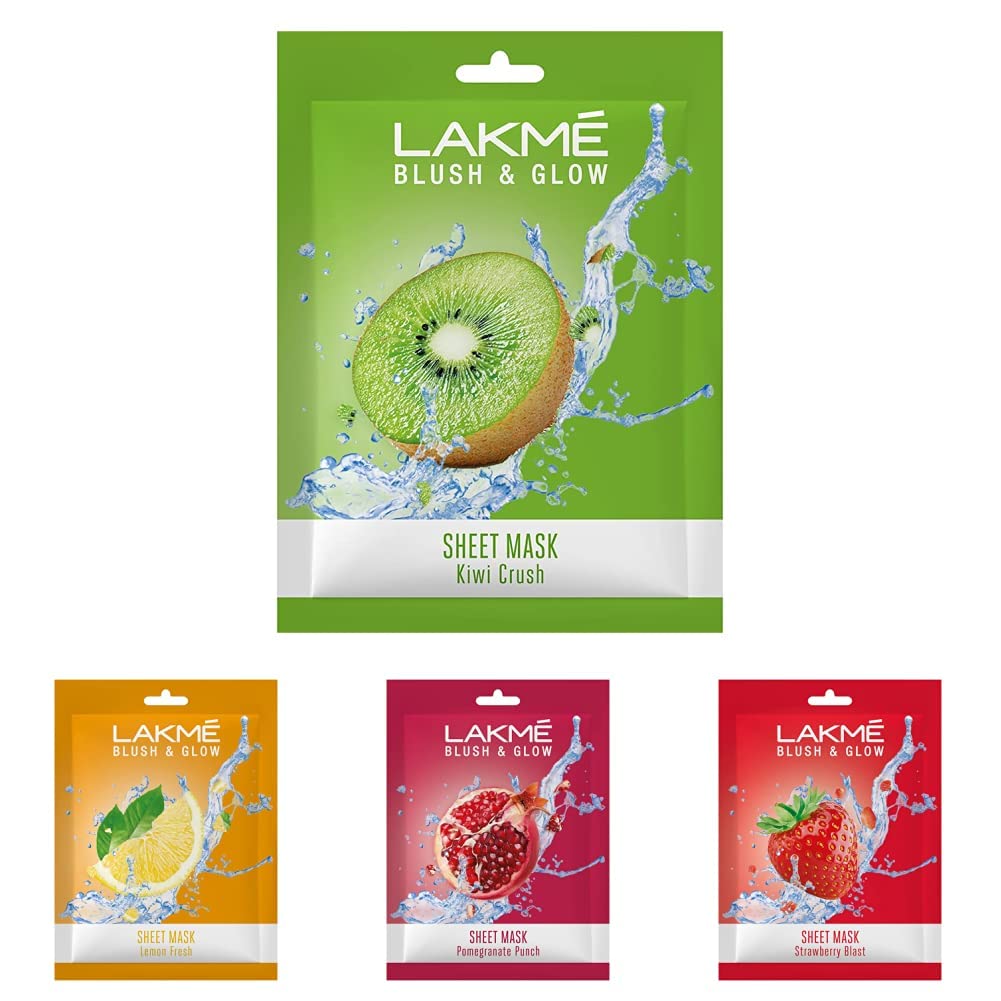 Lakm Blush & Glow Kiwi Sheet Mask, 20 Ml, Blush & Glow Strawberry Sheet Mask, 20 Ml, Blush & Glow Lemon Sheet Mask, 20 Ml & Blus