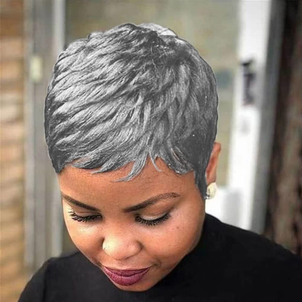 DOcute Short Grey Pixie Cut Wigs for Black Women Grey Pixie Wigs for Black Women Grey Pixie Cut Short Wavy Layered Wigs Grey Wav