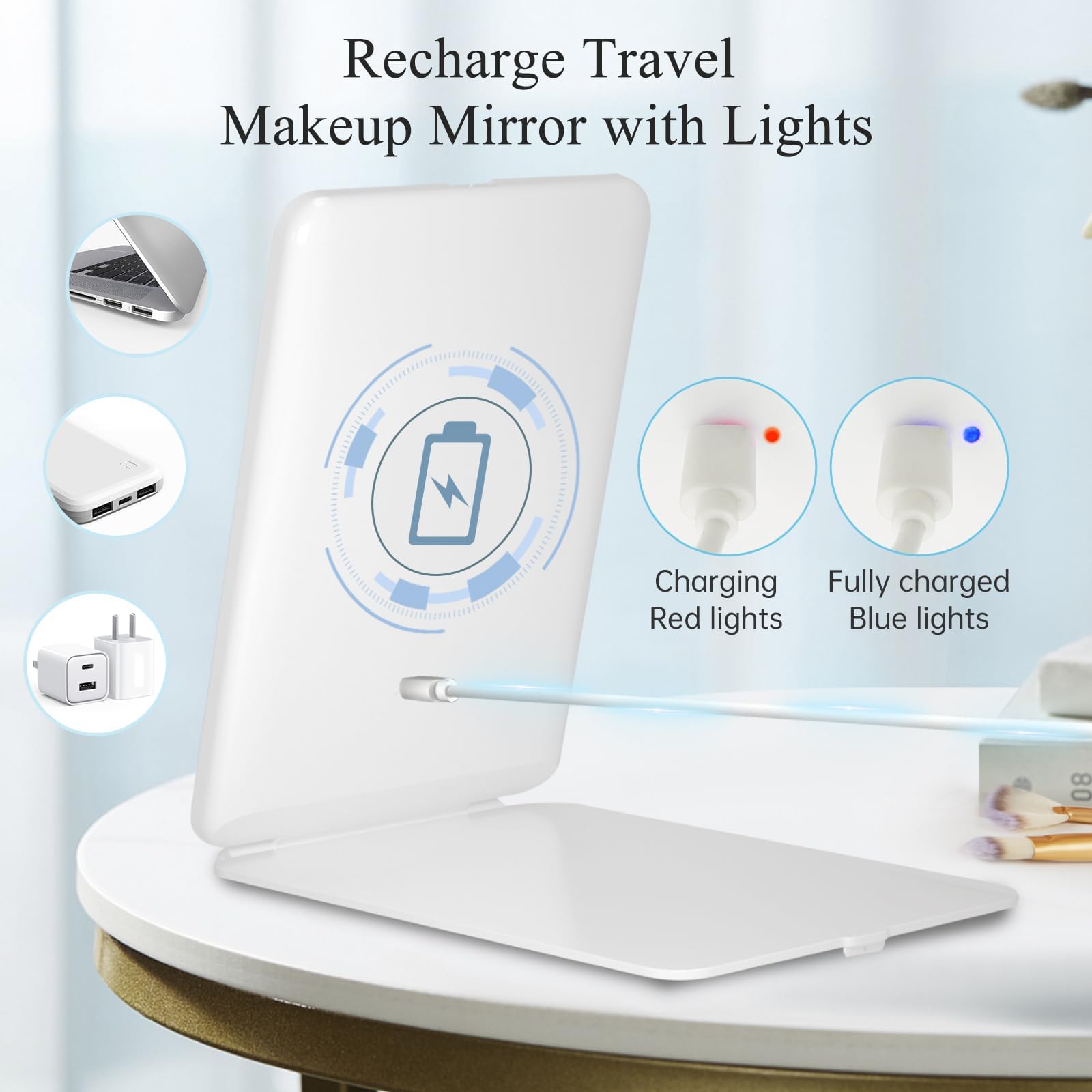 FUNTOUCH Rechargeable Travel Makeup Mirror with 72 Led Lights, Portable Lighted Beauty Mirror, 3 Color Lighting, Dimmable Touch