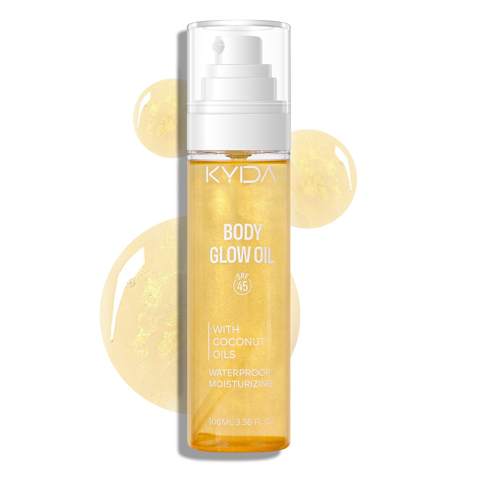 Sunscreen Body Glow Oil, Broad Spectrum SPF 45, Lightweight Water Resistant Shimmering Body Oil with Gold Mica, Moisturizing Coc