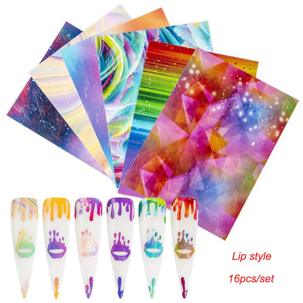 16Pcs Nail Stickers Holographic Sexy Lips Cool Water Drop Shape Nail Decals Wraps Diy Self-Adhesive Sliders For Nail Decoration