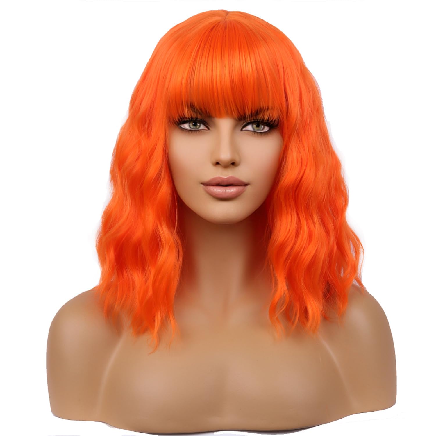 WTHCOS Orange Wig Short Curly Wig with Bangs Orange Wig for Women Short Wave Wig Synthetic Wigs for Cosplay Costume Party with W