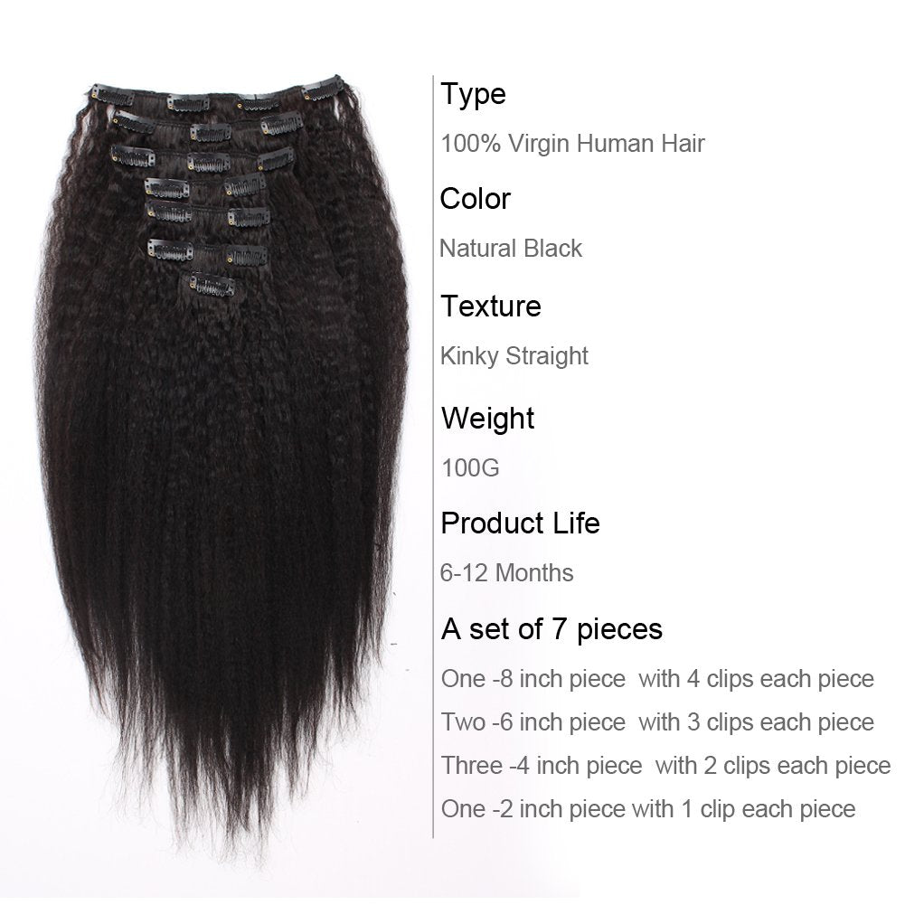 ABH AMAZINGBEAUTY HAIR Blowout Kinky Straight Clip Ins for Black Women, 8A Grade Remy Human Hair, Natural Color, 17 Clips with 7