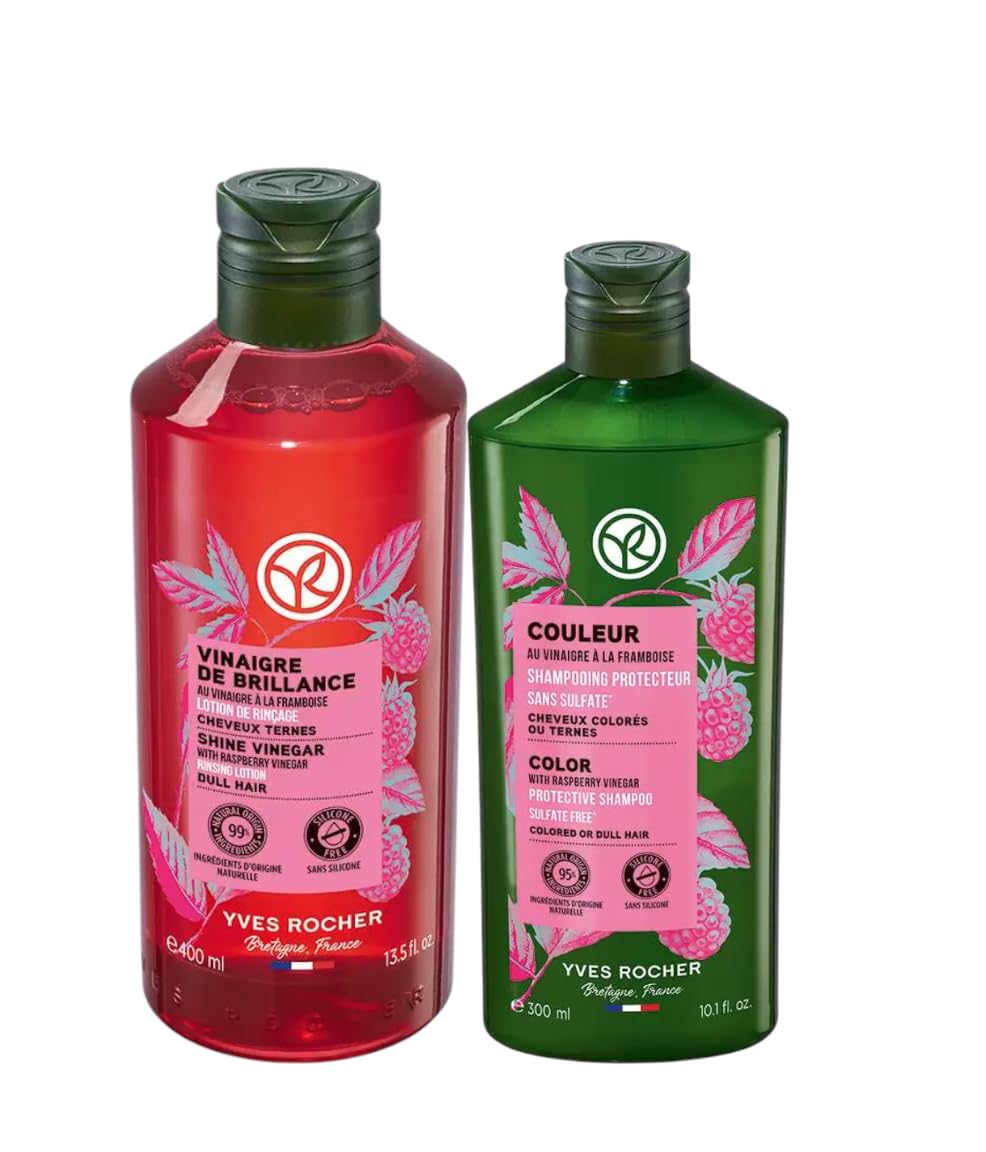 Yves Rocher Raspberry Shine Hair Vinegar And Shampoo Set of 2 - Restores Natural Women Unisex Hair Shine 400 ml./13.5 fl.oz. 300