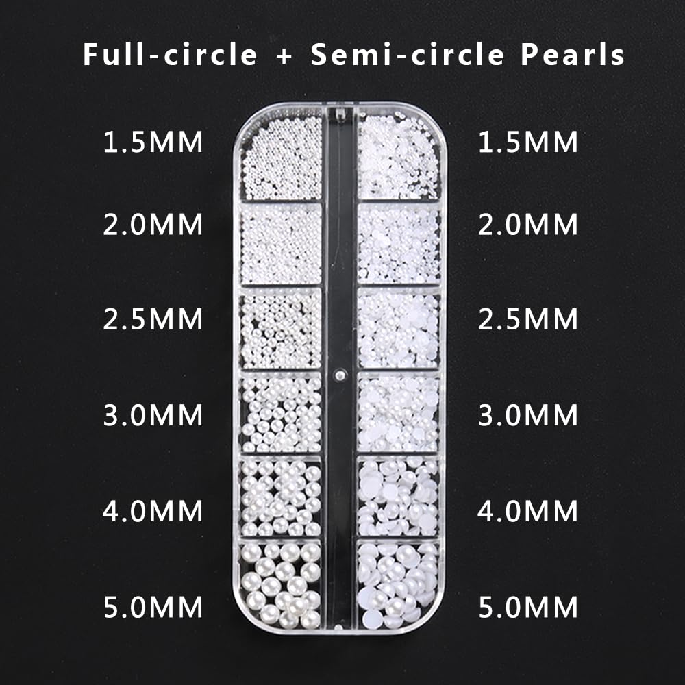 Multi Sizes Round And Half Round Pearls 3D Nail Charms, White Flatback Pearls Nail Jewelry For Women Girls Manicure Nails Suppli