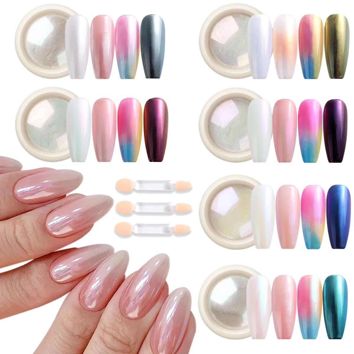 Fcozpjk White Chrome Nail Powder, 6 Colors Pearl Chrome Powder for Nails, Mirror Effect Metallic Rubbing Pigment Dust Glazed Don