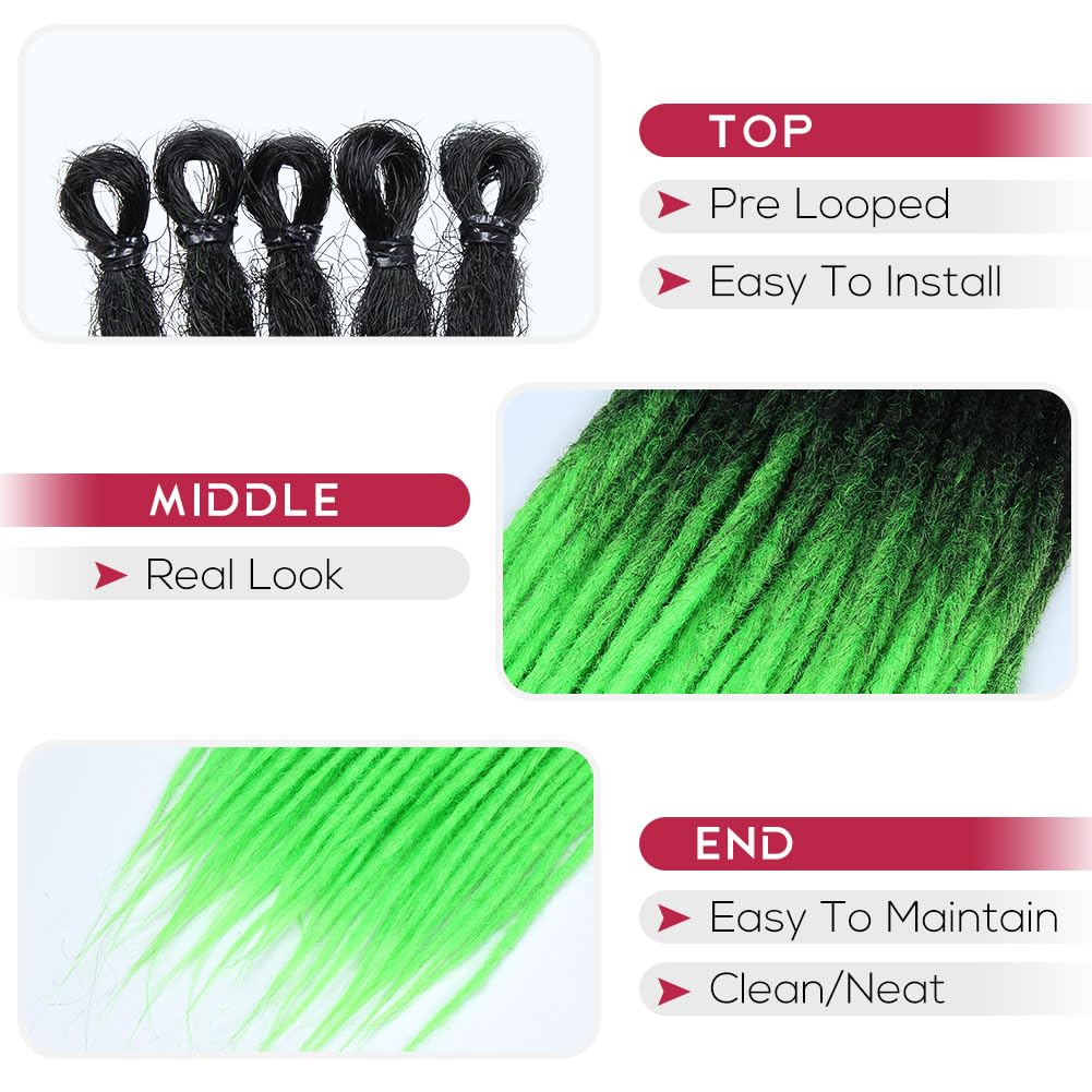 Kraler 22 Inch 40 Strands Green Dreadlock Extensions, Thin 0.6Cm Width Synthetic Crochet Dreads Extensions 100% Handmade Single