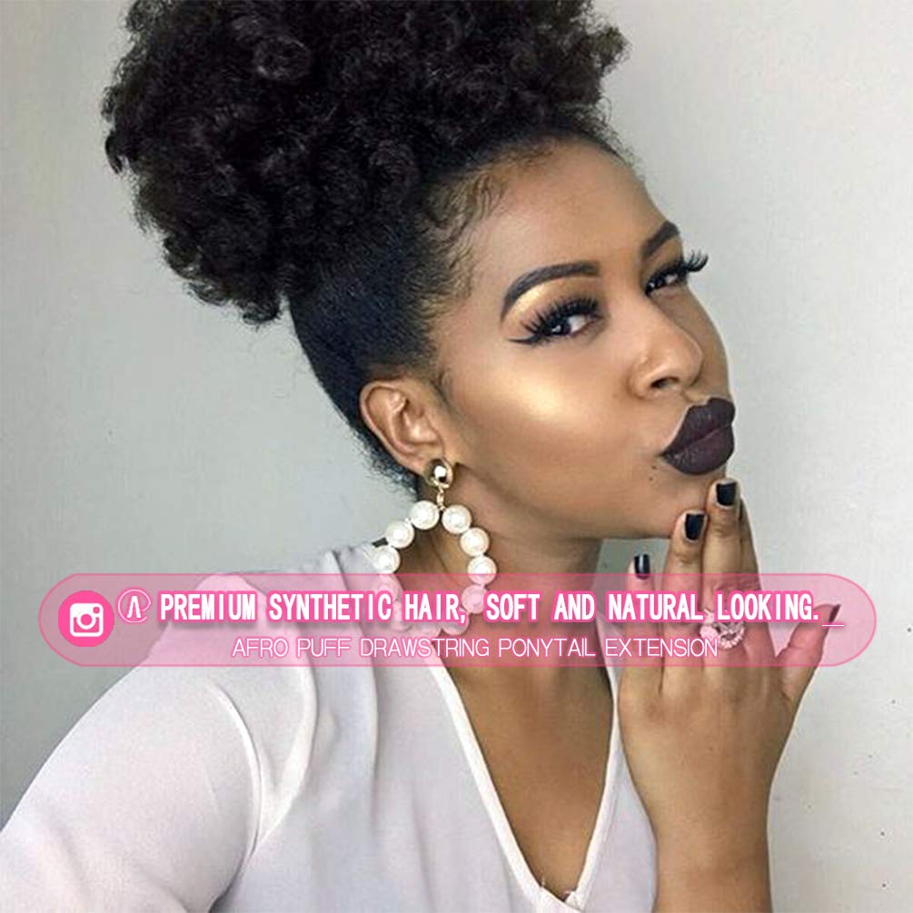 Rosmile Afro Puff Drawstring Ponytail Extension For Black Women, Black 1B# 80Gram Short Synthetic Afro Puff Ponytail For Natural