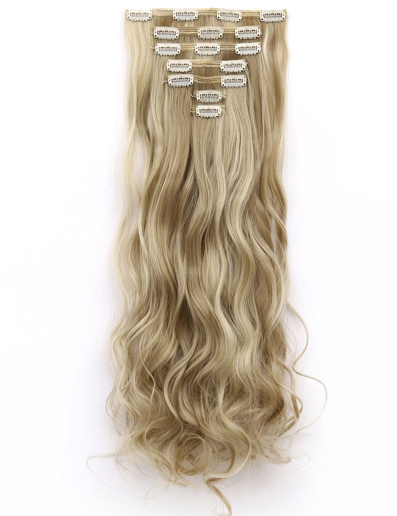 LELINTA 7Pcs 16 Clips 24 Inch Wavy Curly Full Head Clip in on Double Weft Hair Extensions Sandy Blonde Mix Bleach Blonde