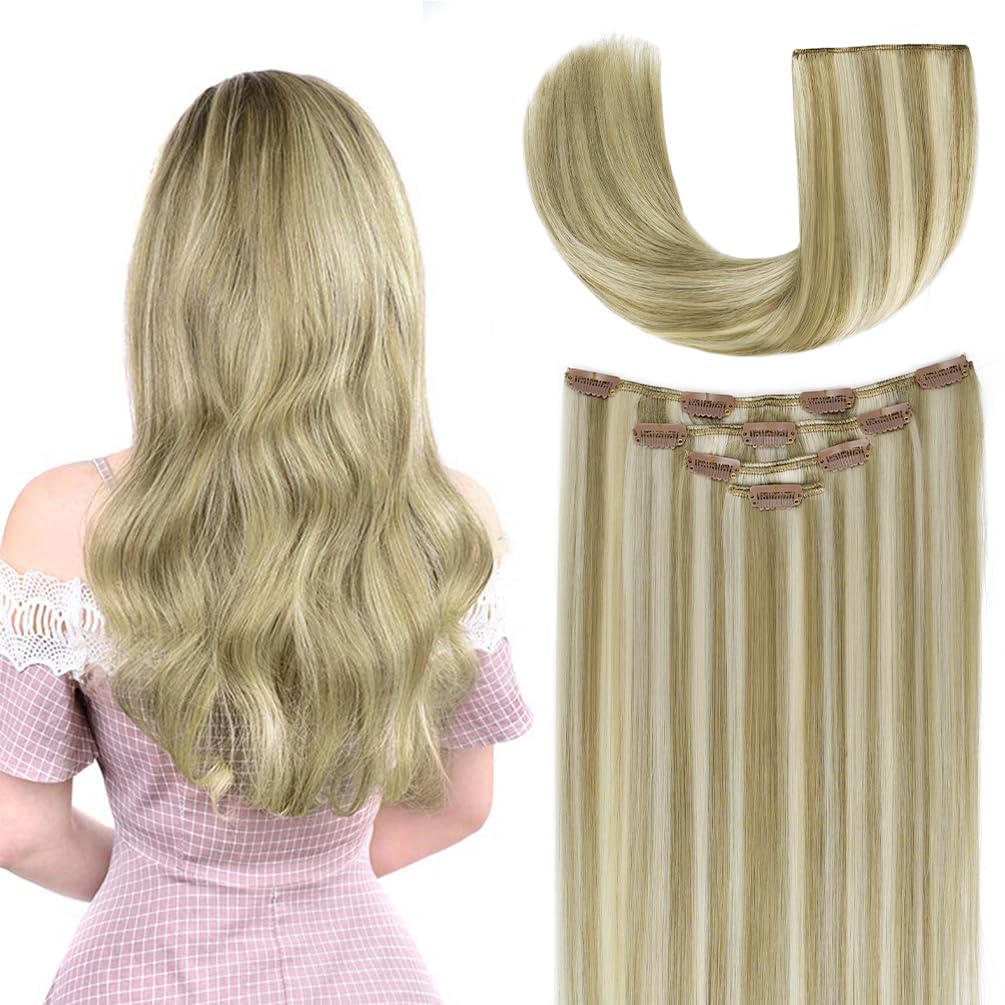 12'' Clip In Hair Extensions Remy Human Hair For Women - Silky Straight Ash Blonde Highlighted Platinum Blonde Real Hair Extensi