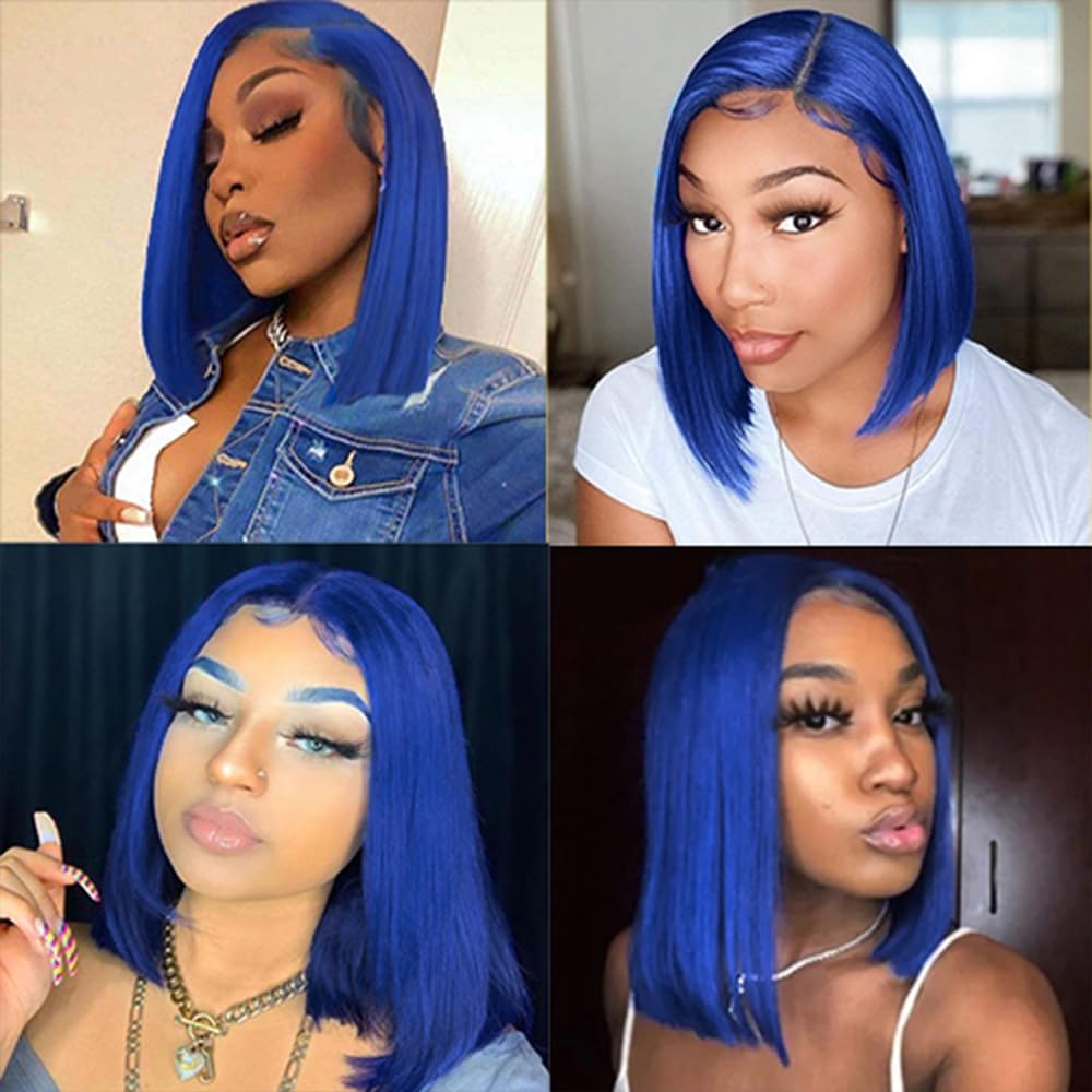 Pre Plucked 13X4 Straight Blue Bob Wig Human Hair Hd Lace Frontal Wigs With Baby Hair Natural Hairline 100% Unprocessed Human Ha