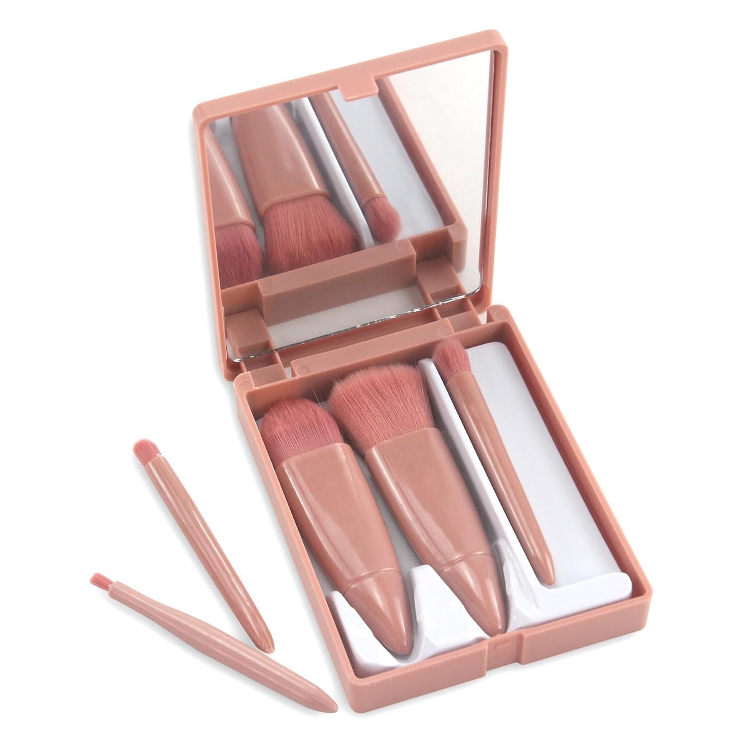 Ak10Zone Mini Makeup Brush Set With Mirror Compact Case, Synthetic Bristles, Rose Pink, TravelFriendly, 5 Piece